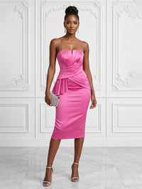 Satin Sheath/Column Spaghetti Straps Tea-Length Cocktail Dresses with Ruched Waist