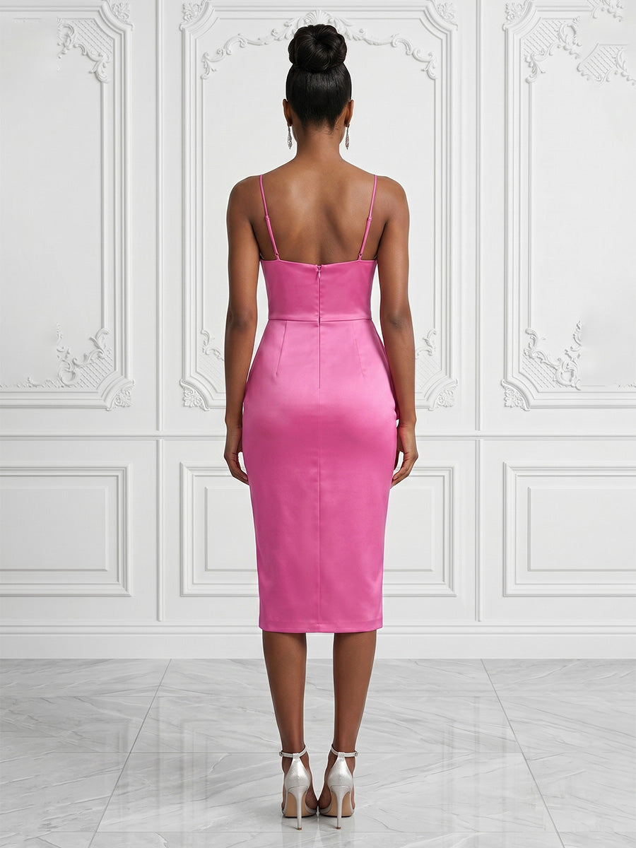Satin Sheath/Column Spaghetti Straps Tea-Length Cocktail Dresses with Ruched Waist