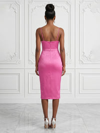 Satin Sheath/Column Spaghetti Straps Tea-Length Cocktail Dresses with Ruched Waist