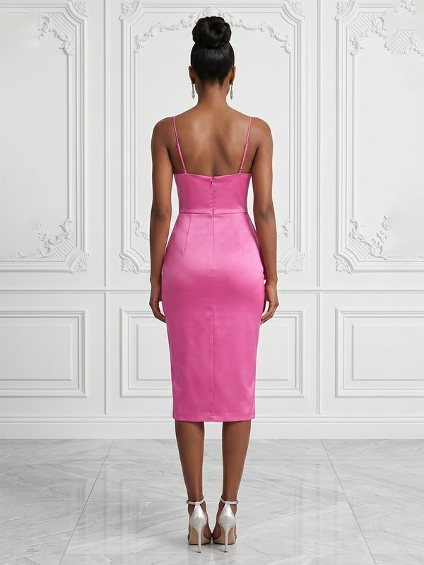 Satin Sheath/Column Spaghetti Straps Tea-Length Cocktail Dresses with Ruched Waist