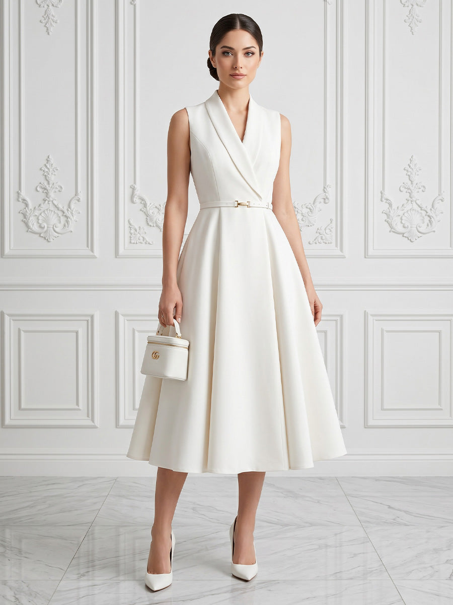 Satin A-Line/Princess V-Neck Tea-Length Cocktail Dresses with Pleats & Belt