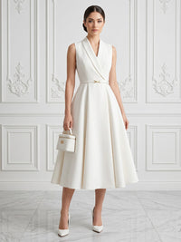 Satin A-Line/Princess V-Neck Tea-Length Cocktail Dresses with Pleats & Belt