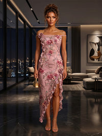 Floral Embroidery Sheath/Column Off Shoulder Tea-Length Cocktail Dresses with Ruffles & Slit