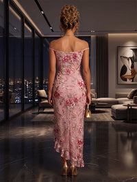 Floral Embroidery Sheath/Column Off Shoulder Tea-Length Cocktail Dresses with Ruffles & Slit