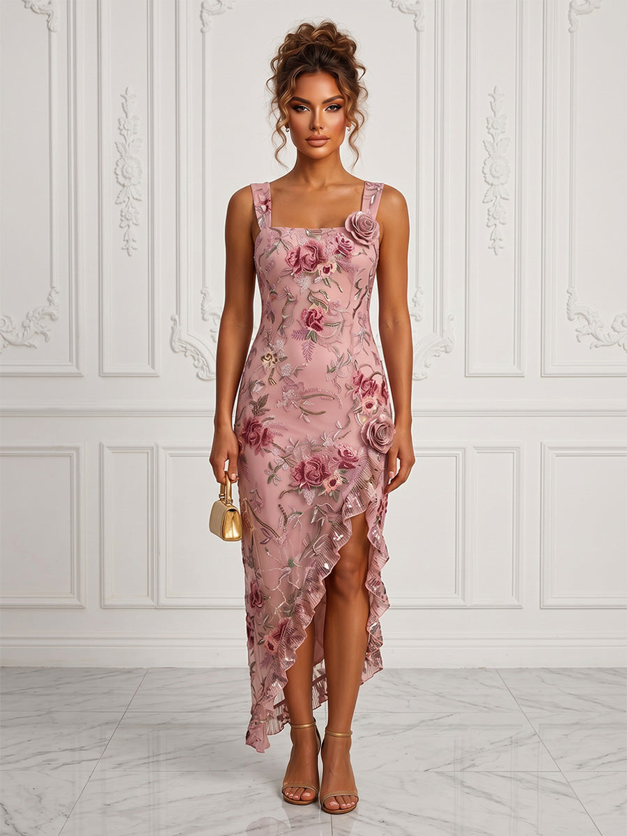 Floral Embroidery Sheath/Column Square Neck Tea-Length Cocktail Dresses with Ruffles & Slit