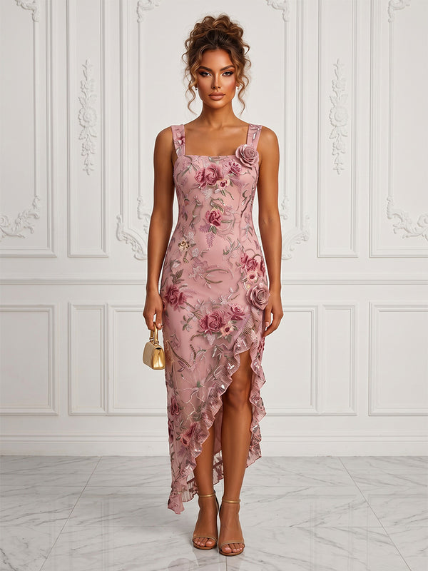 Floral Embroidery Sheath/Column Square Neck Tea-Length Cocktail Dresses with Ruffles & Slit