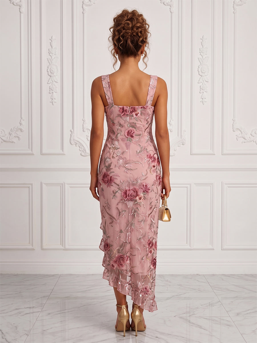 Floral Embroidery Sheath/Column Square Neck Tea-Length Cocktail Dresses with Ruffles & Slit