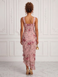 Floral Embroidery Sheath/Column Square Neck Tea-Length Cocktail Dresses with Ruffles & Slit