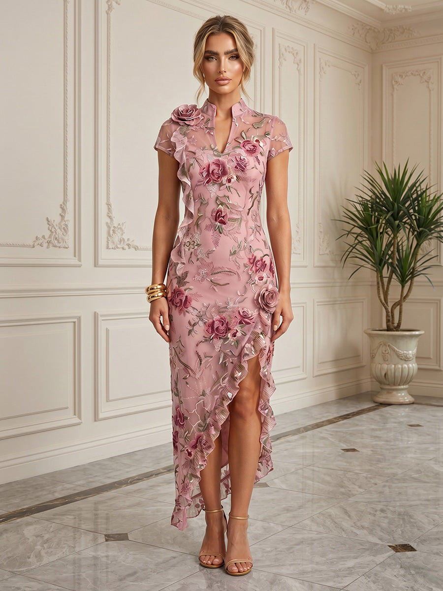 Floral Embroidery Sheath/Column V-Neck Tea-Length Cocktail Dresses with 3D Flowers & Slit