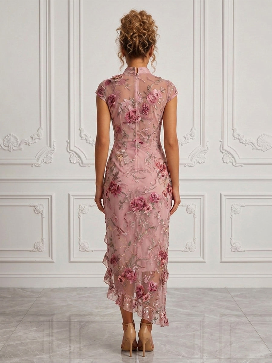 Floral Embroidery Sheath/Column V-Neck Tea-Length Cocktail Dresses with 3D Flowers & Slit