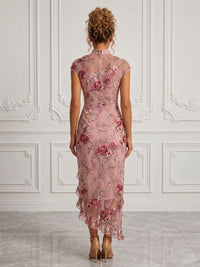 Floral Embroidery Sheath/Column V-Neck Tea-Length Cocktail Dresses with 3D Flowers & Slit