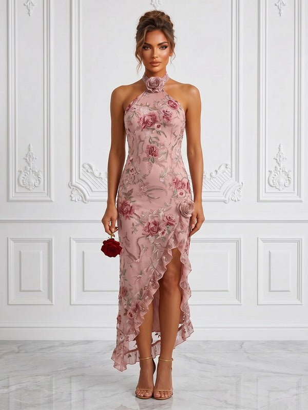 Floral Embroidery Sheath/Column Halter Tea-Length Cocktail Dresses with Ruffles & Slit