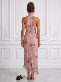 Floral Embroidery Sheath/Column Halter Tea-Length Cocktail Dresses with Ruffles & Slit