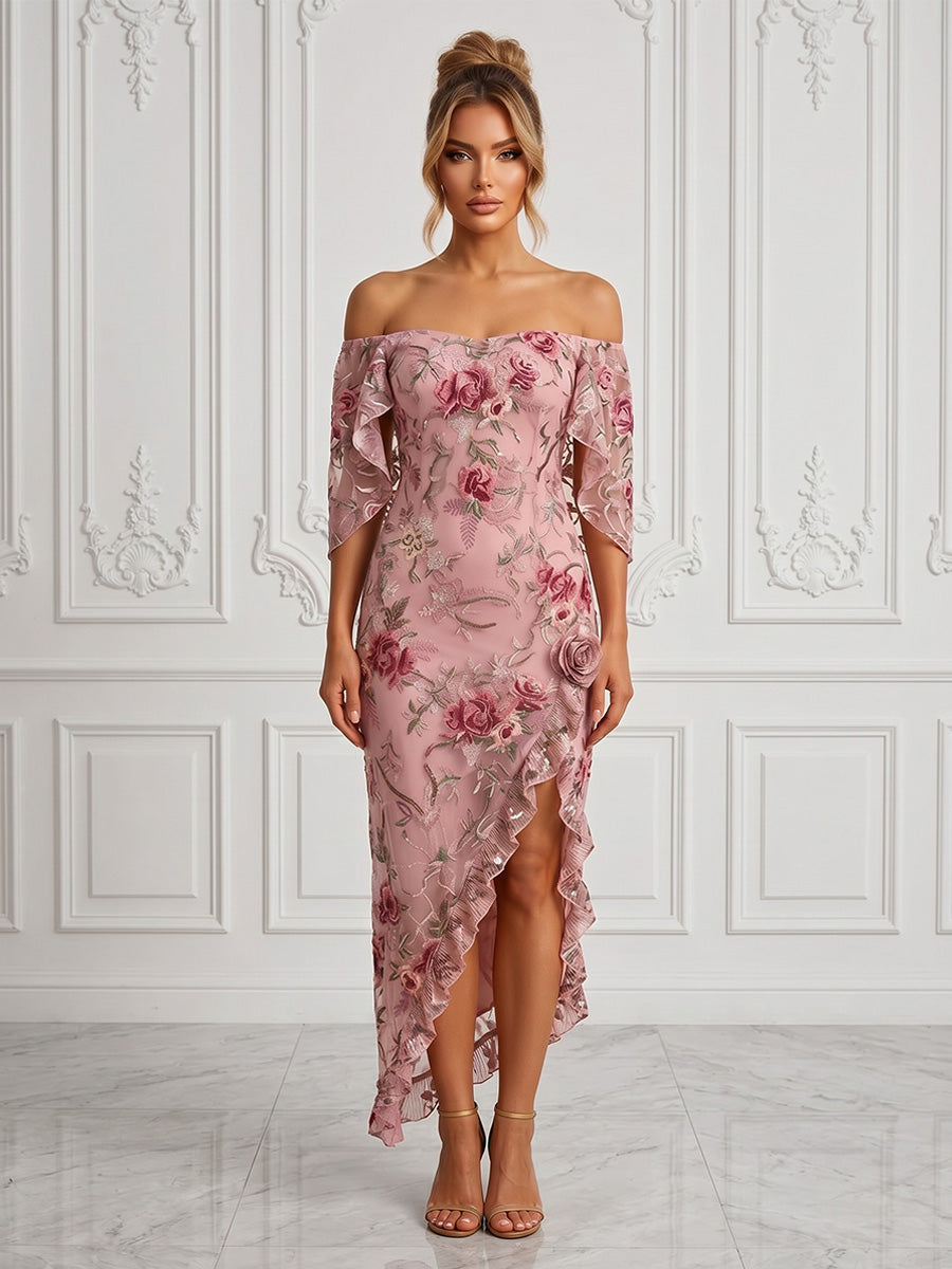Floral Embroidery Sheath/Column Off Shoulder Tea-Length Cocktail Dresses with Ruffles & Slit