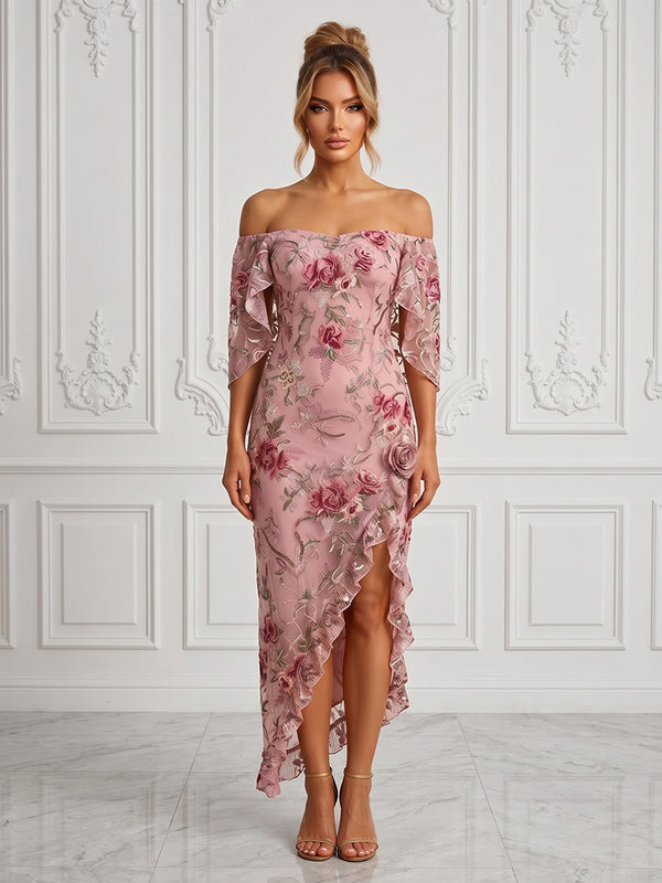 Floral Embroidery Sheath/Column Off Shoulder Tea-Length Cocktail Dresses with Ruffles & Slit