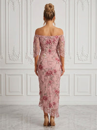 Floral Embroidery Sheath/Column Off Shoulder Tea-Length Cocktail Dresses with Ruffles & Slit