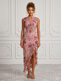 Floral Embroidery Sheath/Column V-Neck Tea-Length Cocktail Dresses with Ruffles & Slit