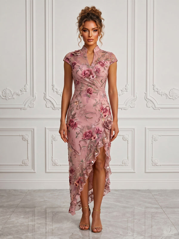 Floral Embroidery Sheath/Column V-Neck Tea-Length Cocktail Dresses with Ruffles & Slit