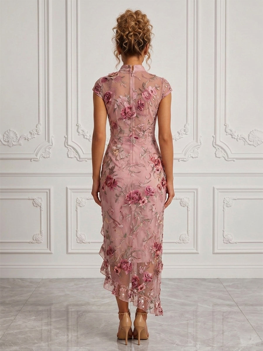 Floral Embroidery Sheath/Column V-Neck Tea-Length Cocktail Dresses with Ruffles & Slit