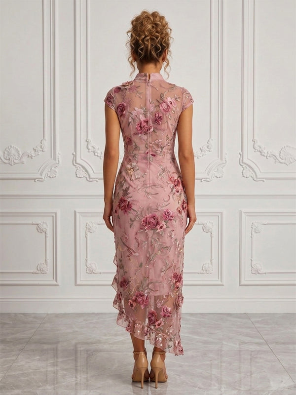 Floral Embroidery Sheath/Column V-Neck Tea-Length Cocktail Dresses with Ruffles & Slit
