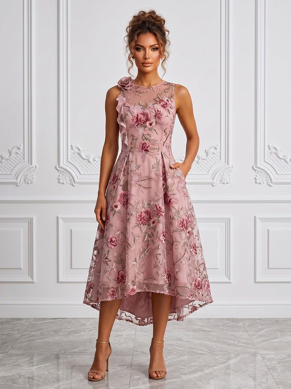 Floral Embroidery A-Line/Princess Scoop Neck High-Low Cocktail Dresses with Ruched Waist & Pockets