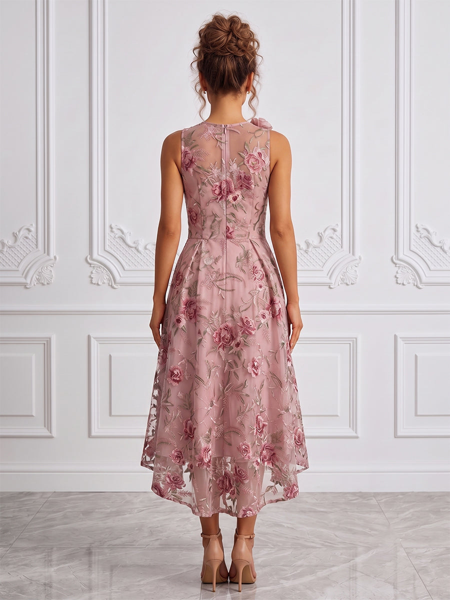 Floral Embroidery A-Line/Princess Scoop Neck High-Low Cocktail Dresses with Ruched Waist & Pockets