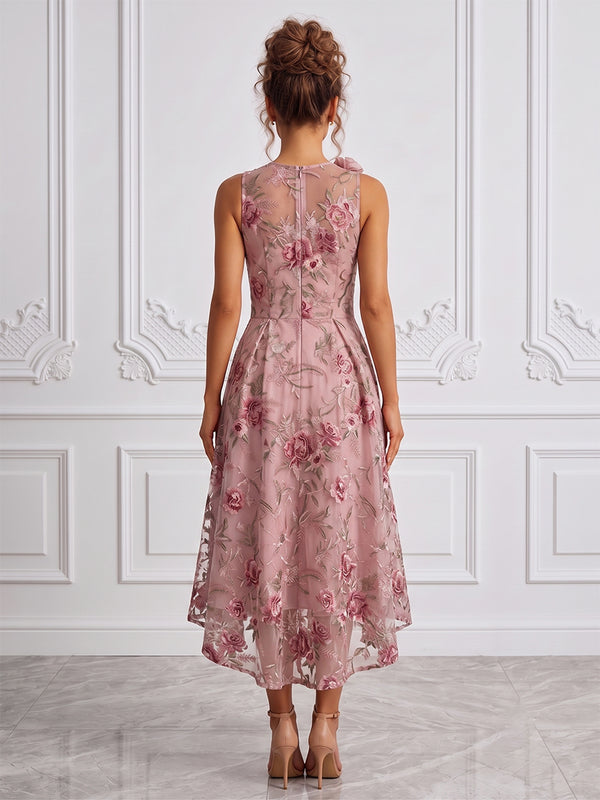 Floral Embroidery A-Line/Princess Scoop Neck High-Low Cocktail Dresses with Ruched Waist & Pockets