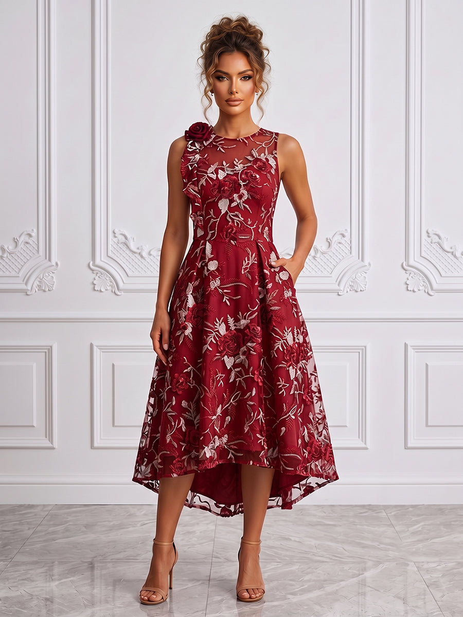 Floral Embroidery A-Line/Princess Scoop Neck High-Low Cocktail Dresses with Ruched Waist & Pockets
