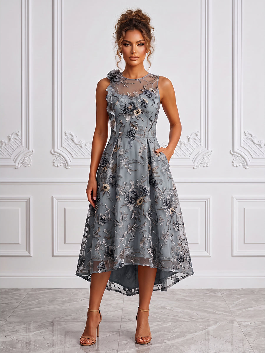 Floral Embroidery A-Line/Princess Scoop Neck High-Low Cocktail Dresses with Ruched Waist & Pockets
