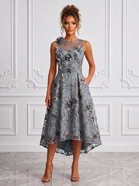 Floral Embroidery A-Line/Princess Scoop Neck High-Low Cocktail Dresses with Ruched Waist & Pockets