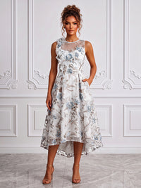 Floral Embroidery A-Line/Princess Scoop Neck High-Low Cocktail Dresses with Ruched Waist & Pockets