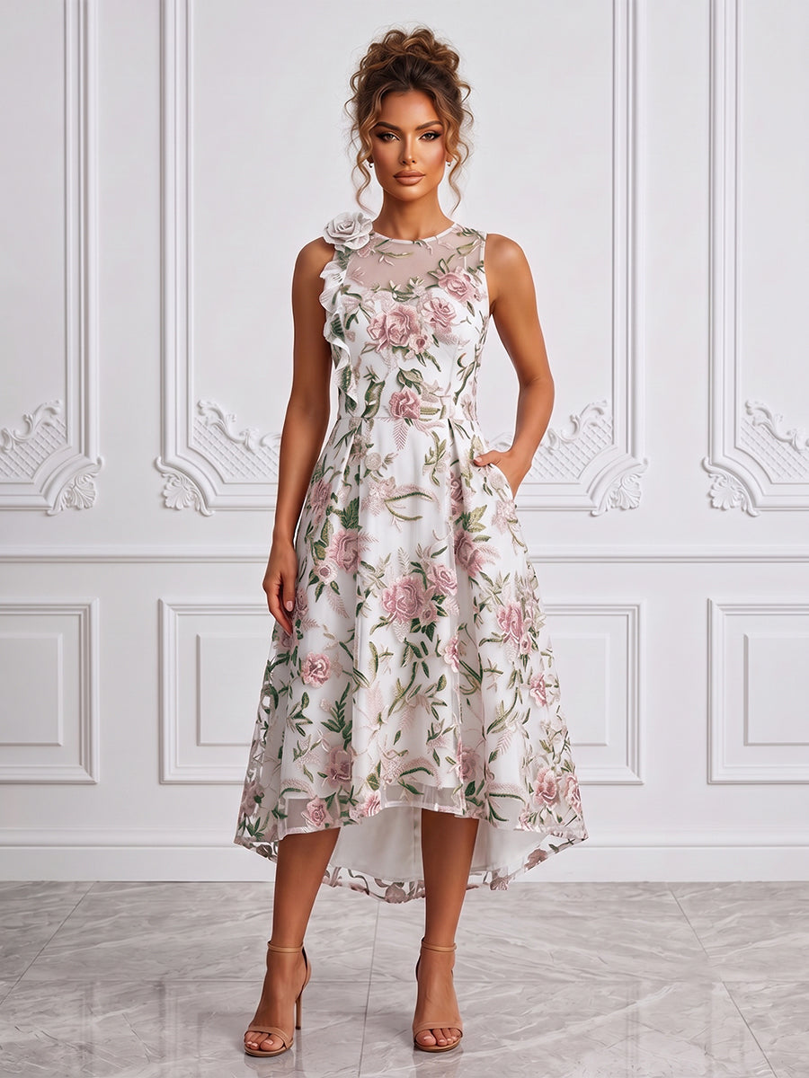 Floral Embroidery A-Line/Princess Scoop Neck High-Low Cocktail Dresses with Ruched Waist & Pockets