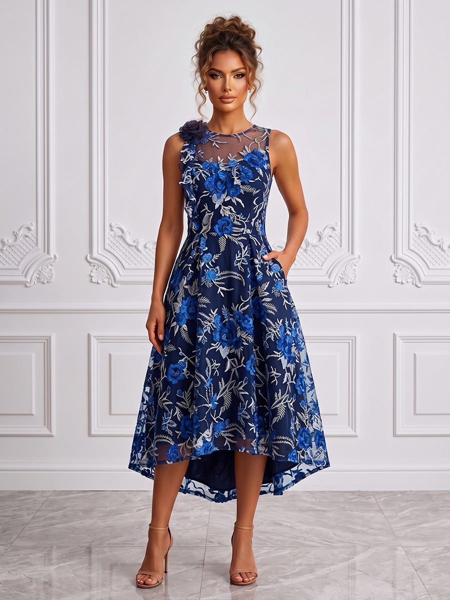 Floral Embroidery A-Line/Princess Scoop Neck High-Low Cocktail Dresses with Ruched Waist & Pockets