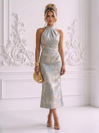 Jacquard Sheath/Column High Neck Tea-Length Cocktail Dresses with Ruched Waist