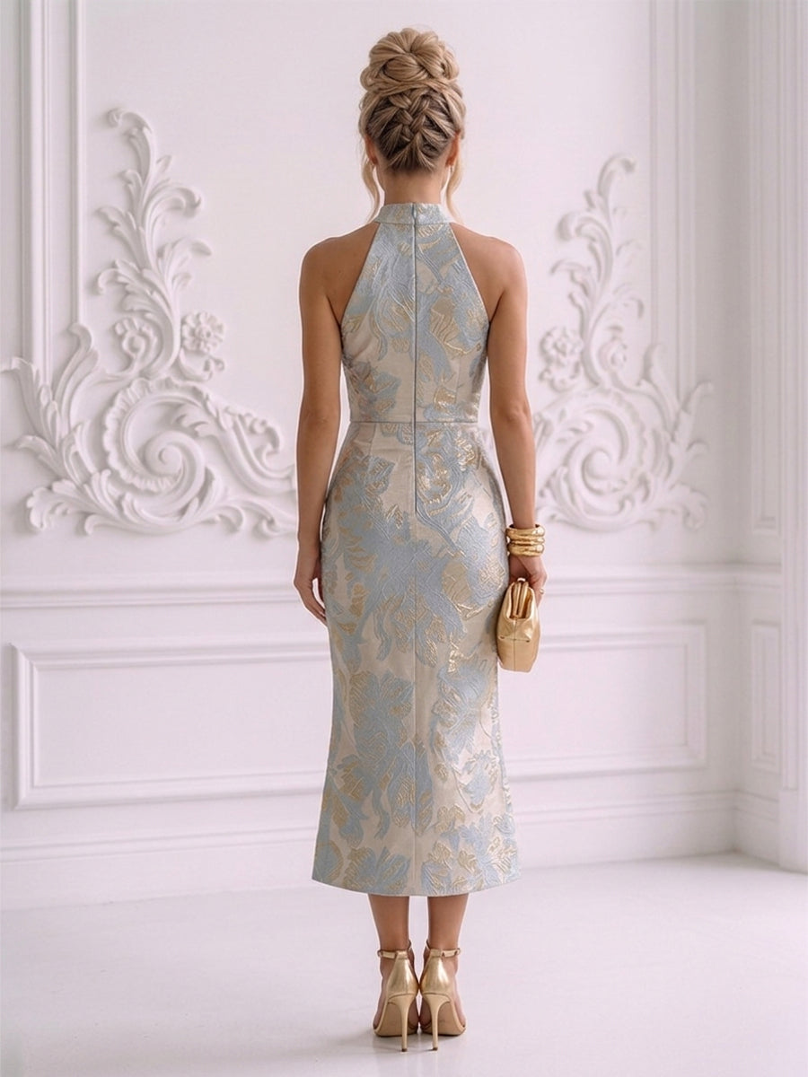 Jacquard Sheath/Column High Neck Tea-Length Cocktail Dresses with Ruched Waist