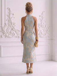 Jacquard Sheath/Column High Neck Tea-Length Cocktail Dresses with Ruched Waist