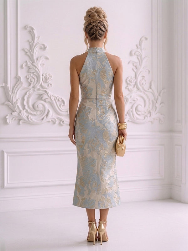 Jacquard Sheath/Column High Neck Tea-Length Cocktail Dresses with Ruched Waist