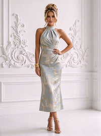 Jacquard Sheath/Column High Neck Tea-Length Cocktail Dresses with Ruched Waist