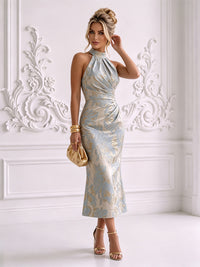 Jacquard Sheath/Column High Neck Tea-Length Cocktail Dresses with Ruched Waist