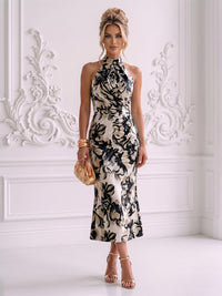 Jacquard Sheath/Column High Neck Tea-Length Cocktail Dresses with Ruched Waist