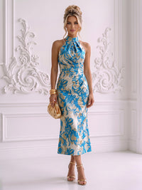 Jacquard Sheath/Column High Neck Tea-Length Cocktail Dresses with Ruched Waist