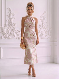 Jacquard Sheath/Column High Neck Tea-Length Cocktail Dresses with Ruched Waist