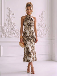 Jacquard Sheath/Column High Neck Tea-Length Cocktail Dresses with Ruched Waist