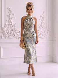 Jacquard Sheath/Column High Neck Tea-Length Cocktail Dresses with Ruched Waist