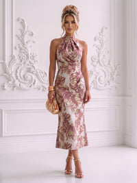 Jacquard Sheath/Column High Neck Tea-Length Cocktail Dresses with Ruched Waist