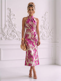 Jacquard Sheath/Column High Neck Tea-Length Cocktail Dresses with Ruched Waist