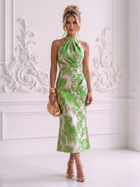 Jacquard Sheath/Column High Neck Tea-Length Cocktail Dresses with Ruched Waist