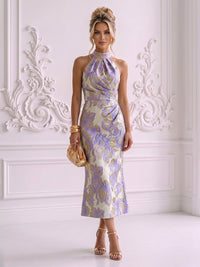 Jacquard Sheath/Column High Neck Tea-Length Cocktail Dresses with Ruched Waist
