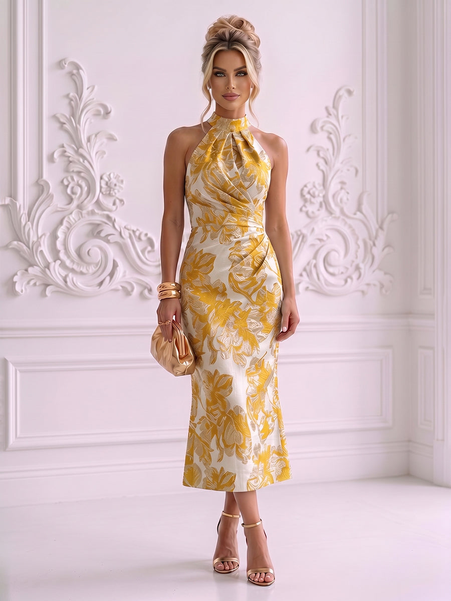 Jacquard Sheath/Column High Neck Tea-Length Cocktail Dresses with Ruched Waist