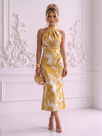 Jacquard Sheath/Column High Neck Tea-Length Cocktail Dresses with Ruched Waist